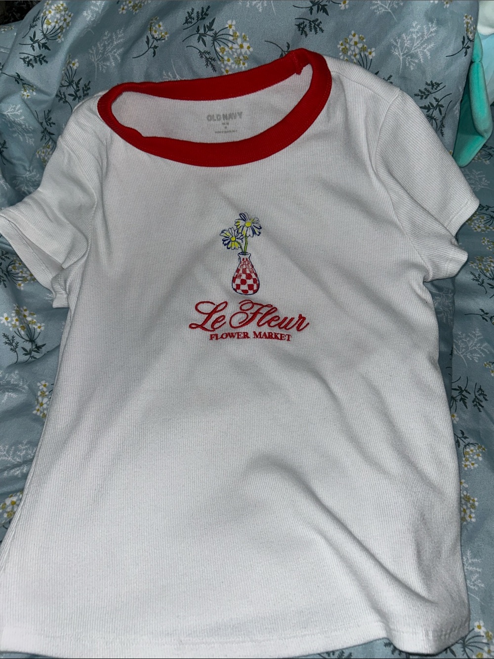 Old Navy White Tee with Red Ringer and Floral Vase Embroidery